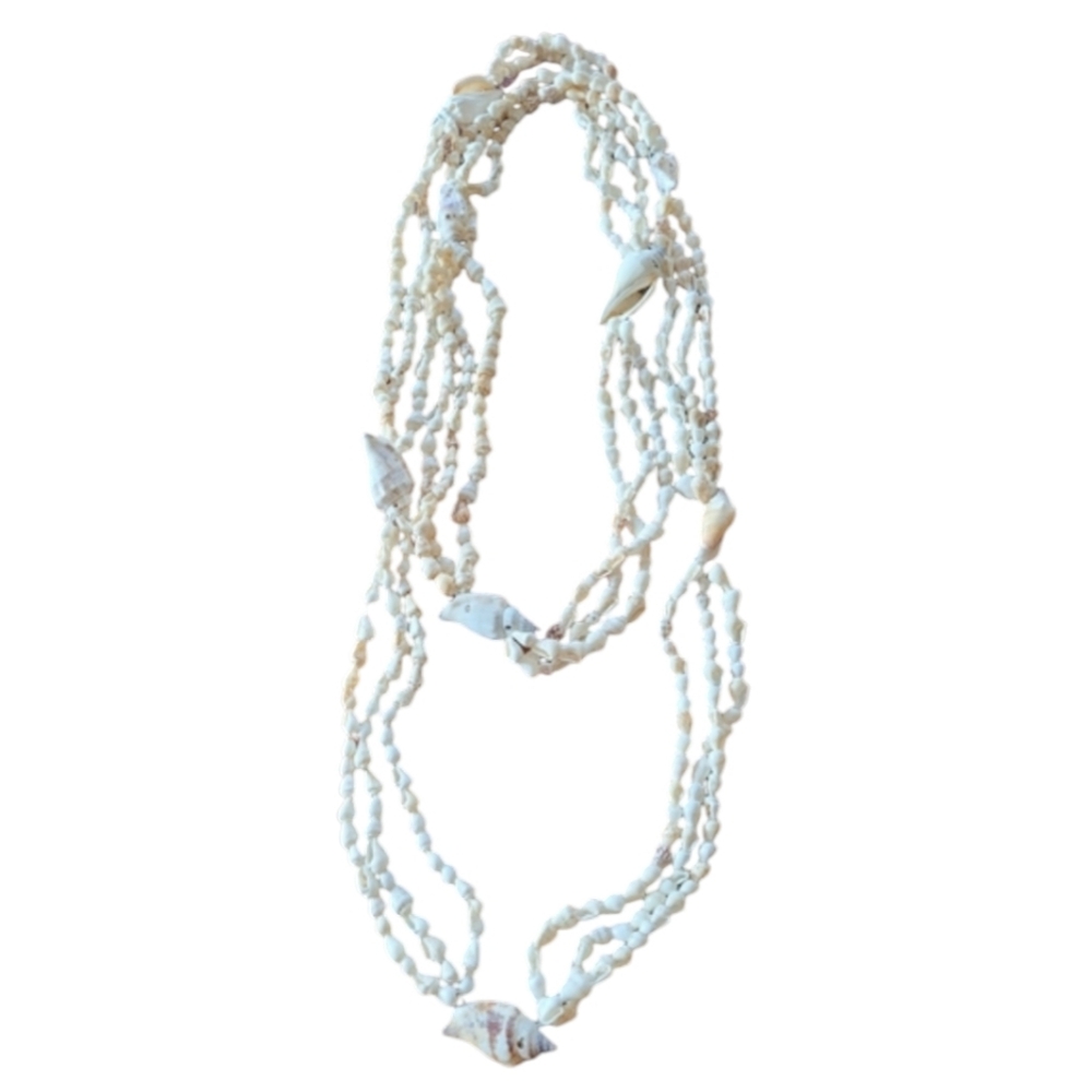 Vintage 80s Full Length Cream and White Double Seashell Looped Necklace